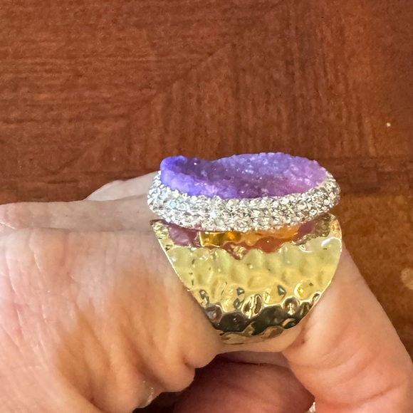 Lavender Crystal Geode Rhinestone Inlay, Gold Wide Band Design, Adjustable Ring - Picture 7 of 11